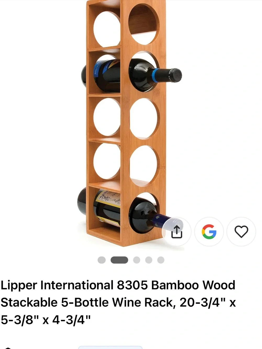 Lipper International Bamboo 5-Bottle Vertical Wine Rack - Natural Wood